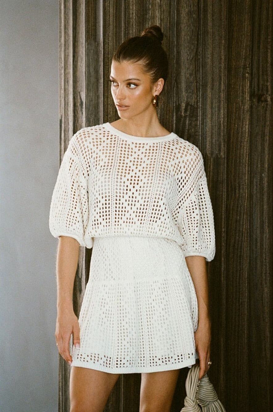 Sabo Bohemian Preppy Summer Kelis 100% Cotton Crotchet Puff Sleeve Mini Dress